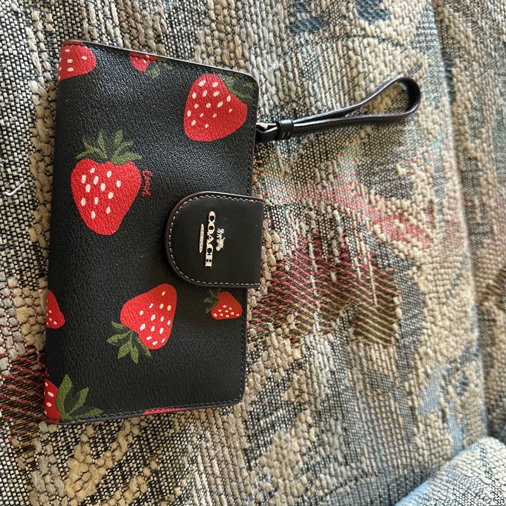 Coach Black and Red Strawberry Print Wristlet
